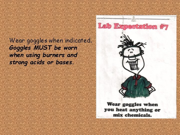 Wear goggles when indicated. Goggles MUST be worn when using burners and strong acids