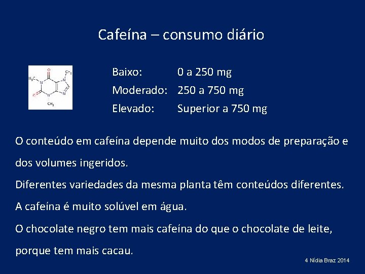 Cafeína – consumo diário Baixo: 0 a 250 mg Moderado: 250 a 750 mg