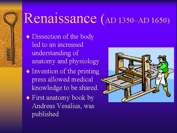Renaissance (AD 1350–AD 1650) ¨ Dissection of the body led to an increased understanding