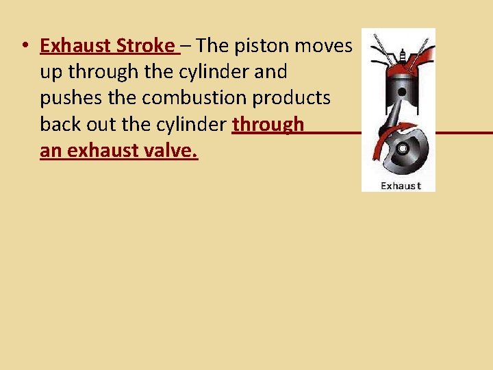  • Exhaust Stroke – The piston moves up through the cylinder and pushes