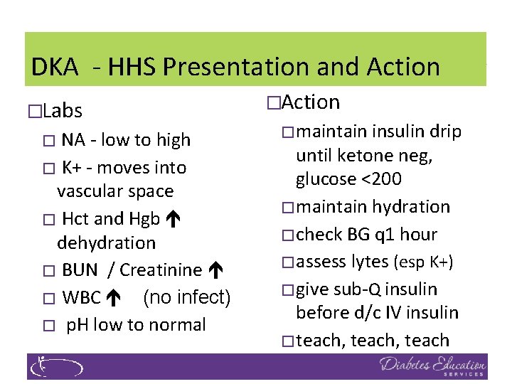 DKA - HHS Presentation and Action �Labs NA - low to high � K+