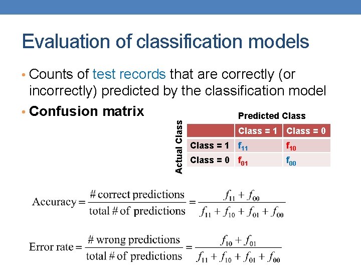 Evaluation of classification models • Counts of test records that are correctly (or Actual