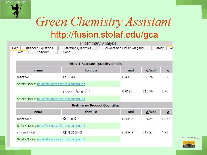 Green Chemistry Assistant http: //fusion. stolaf. edu/gca 