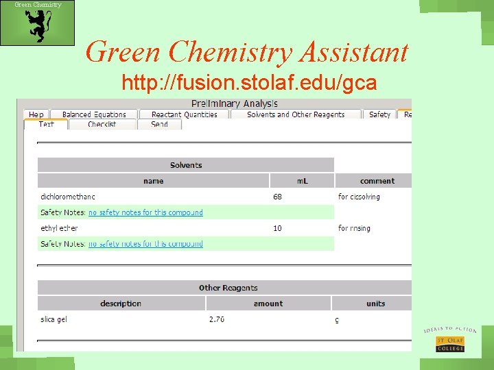 Green Chemistry Assistant http: //fusion. stolaf. edu/gca 