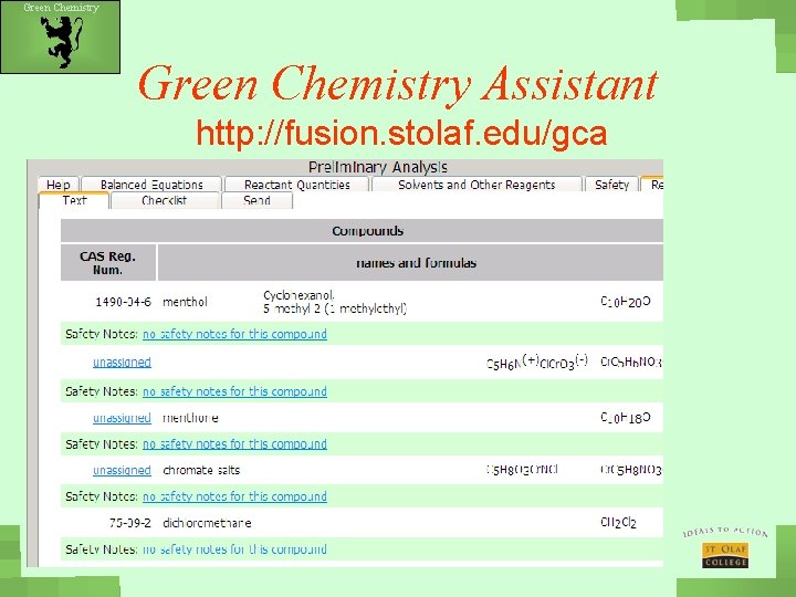 Green Chemistry Assistant http: //fusion. stolaf. edu/gca 