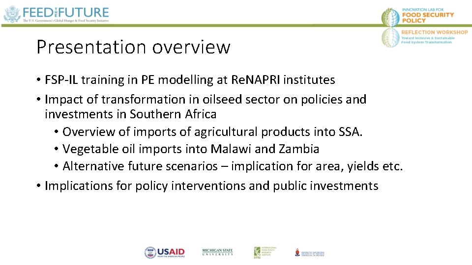 Presentation overview • FSP-IL training in PE modelling at Re. NAPRI institutes • Impact