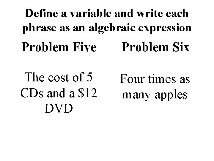 Define a variable and write each phrase as an algebraic expression Problem Five Problem