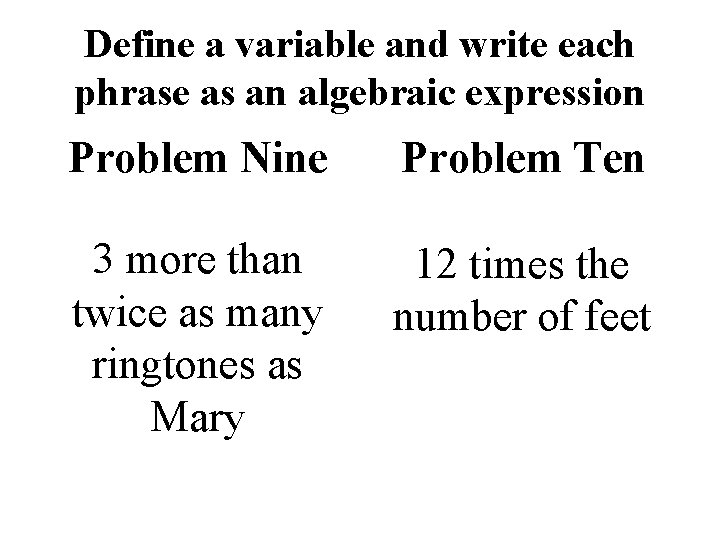 Define a variable and write each phrase as an algebraic expression Problem Nine Problem