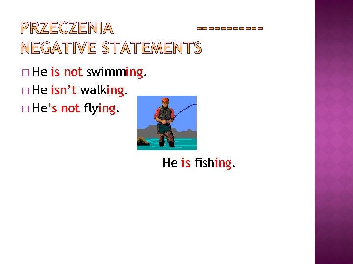 � He is not swimming. � He isn’t walking. � He’s not flying. He