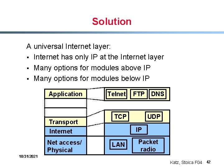 Solution A universal Internet layer: § Internet has only IP at the Internet layer