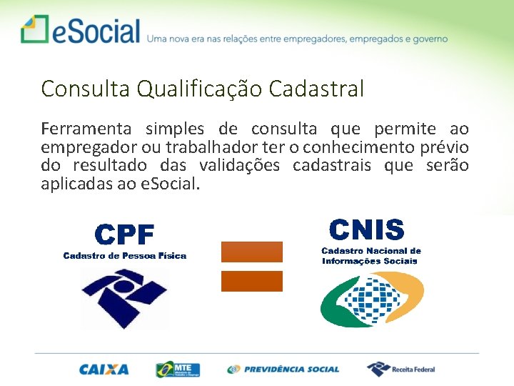 Consulta Qualificação Cadastral Ferramenta simples de consulta que permite ao empregador ou trabalhador ter