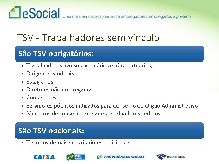 TSV - Trabalhadores sem vínculo São TSV obrigatórios: • • Trabalhadores avulsos portuários e