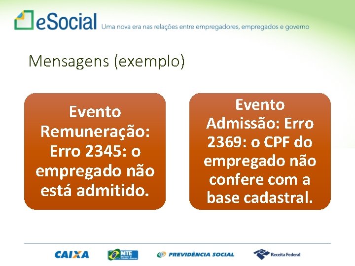 Mensagens (exemplo) Evento Remuneração: Erro 2345: o empregado não está admitido. Evento Admissão: Erro