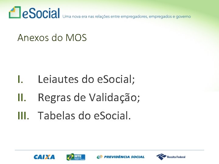 Anexos do MOS I. Leiautes do e. Social; II. Regras de Validação; III. Tabelas