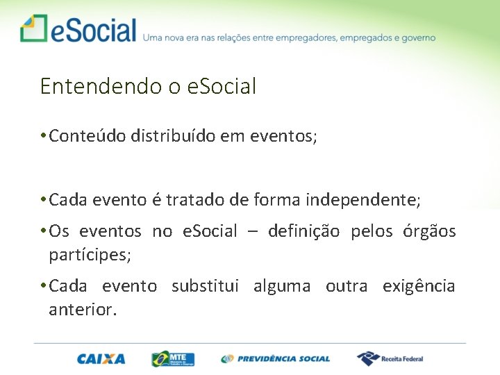 Entendendo o e. Social • Conteúdo distribuído em eventos; • Cada evento é tratado