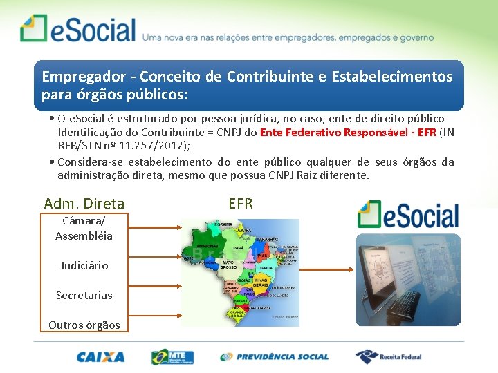 Empregador - Conceito de Contribuinte e Estabelecimentos para órgãos públicos: • O e. Social