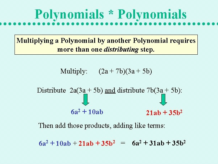 Polynomials * Polynomials Multiplying a Polynomial by another Polynomial requires more than one distributing