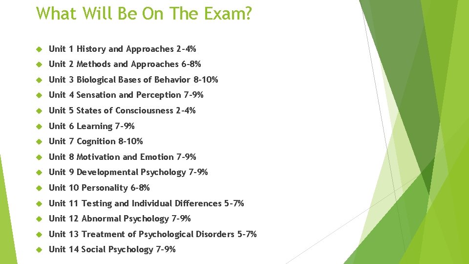 What Will Be On The Exam? Unit 1 History and Approaches 2 -4% Unit