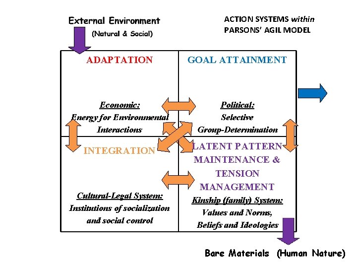 ACTION SYSTEMS within PARSONS’ AGIL MODEL ADAPTATION GOAL ATTAINMENT Economic: Energy for Environmental Interactions