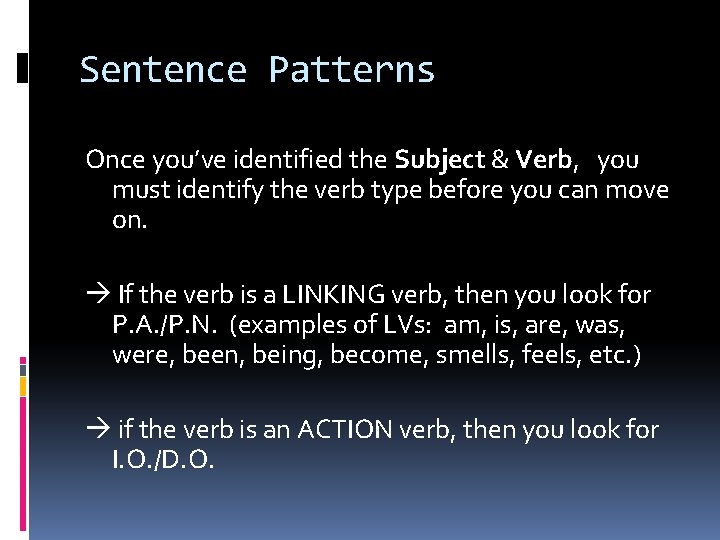 Sentence Patterns Once you’ve identified the Subject & Verb, you must identify the verb