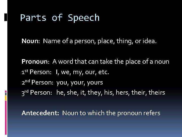Parts of Speech Noun: Name of a person, place, thing, or idea. Pronoun: A