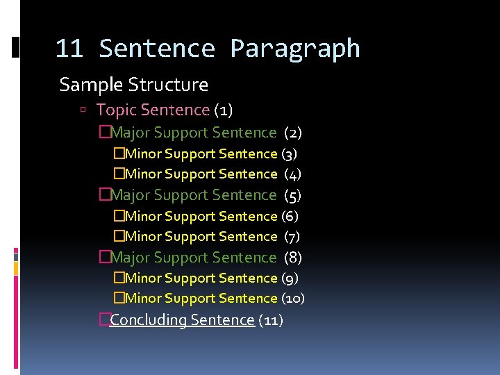 11 Sentence Paragraph Sample Structure Topic Sentence (1) �Major Support Sentence (2) �Minor Support