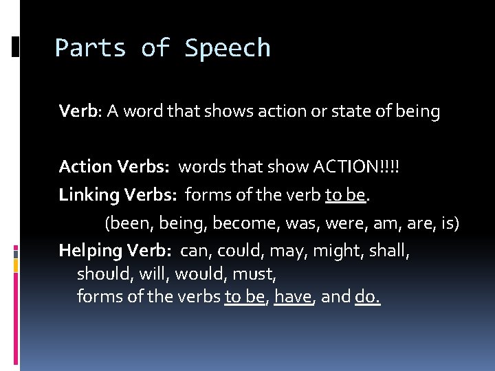 Parts of Speech Verb: A word that shows action or state of being Action