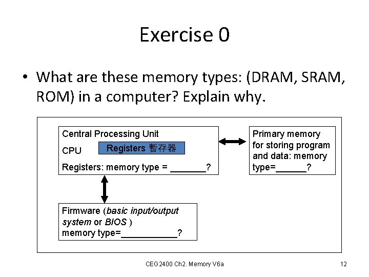 Exercise 0 • What are these memory types: (DRAM, SRAM, ROM) in a computer?