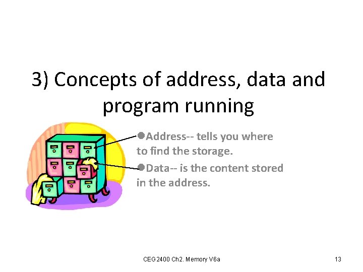 3) Concepts of address, data and program running l. Address-- tells you where to