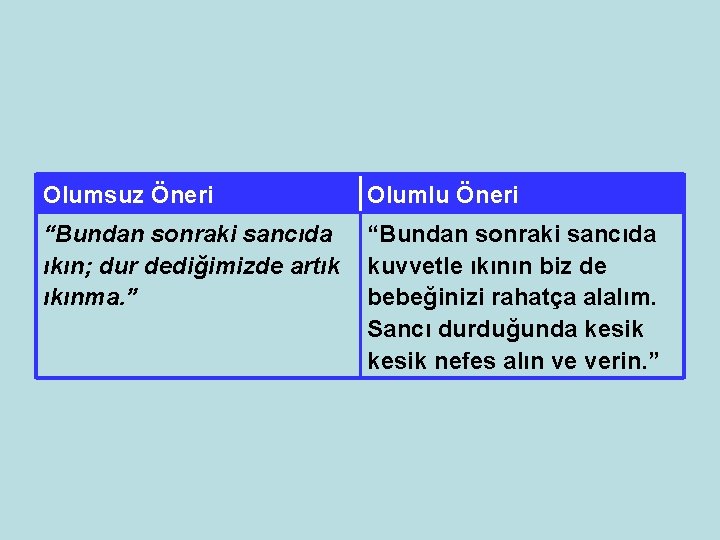 Olumsuz Öneri Olumlu Öneri “Bundan sonraki sancıda ıkın; dur dediğimizde artık ıkınma. ” “Bundan