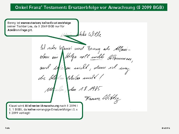 Onkel Franz‘ Testament: Ersatzerbfolge vor Anwachsung (§ 2099 BGB) Benny ist vorverstorben; keine Ersatzerbfolge