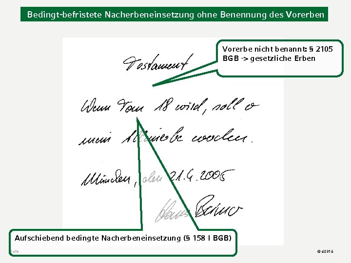 Bedingt-befristete Nacherbeneinsetzung ohne Benennung des Vorerben Vorerbe nicht benannt: § 2105 BGB -> gesetzliche