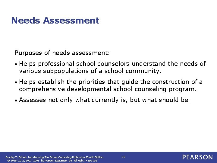 Needs Assessment Purposes of needs assessment: • Helps professional school counselors understand the needs