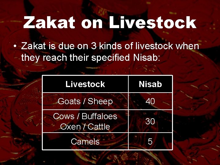 Zakat on Livestock • Zakat is due on 3 kinds of livestock when they