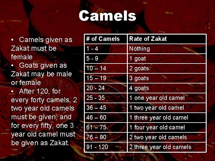 Camels • Camels given as Zakat must be female • Goats given as Zakat
