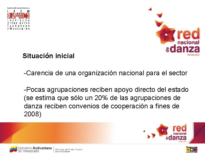 Situación inicial -Carencia de una organización nacional para el sector -Pocas agrupaciones reciben apoyo