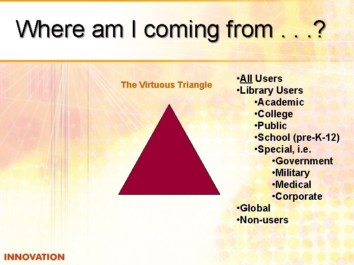 Where am I coming from. . . ? The Virtuous Triangle • All Users