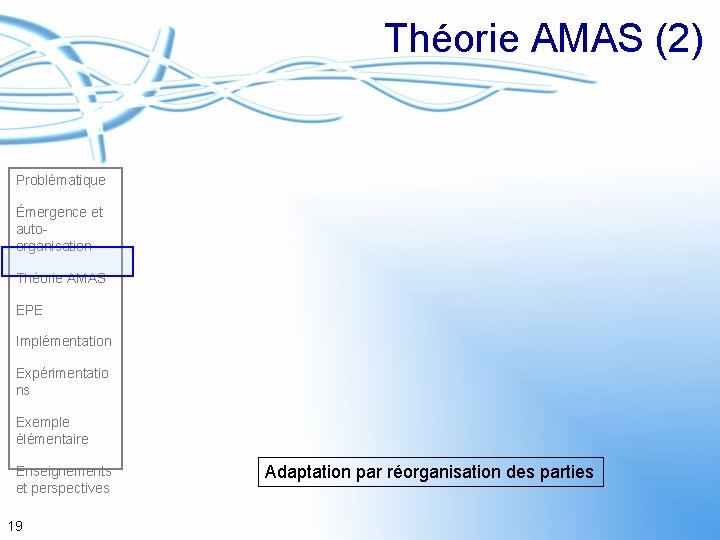 Théorie AMAS (2) Problématique Émergence et autoorganisation Théorie AMAS EPE Implémentation Expérimentatio ns Exemple