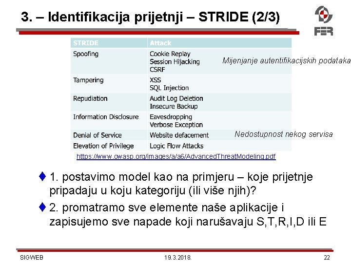 3. – Identifikacija prijetnji – STRIDE (2/3) Mijenjanje autentifikacijskih podataka Nedostupnost nekog servisa https: