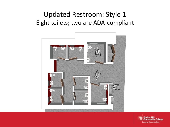 Updated Restroom: Style 1 Eight toilets; two are ADA-compliant 