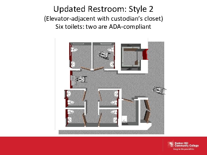 Updated Restroom: Style 2 (Elevator-adjacent with custodian’s closet) Six toilets: two are ADA-compliant 