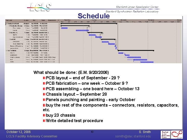 Schedule What should be done: (E. M. 9/20/2006) PCB layout – end of September