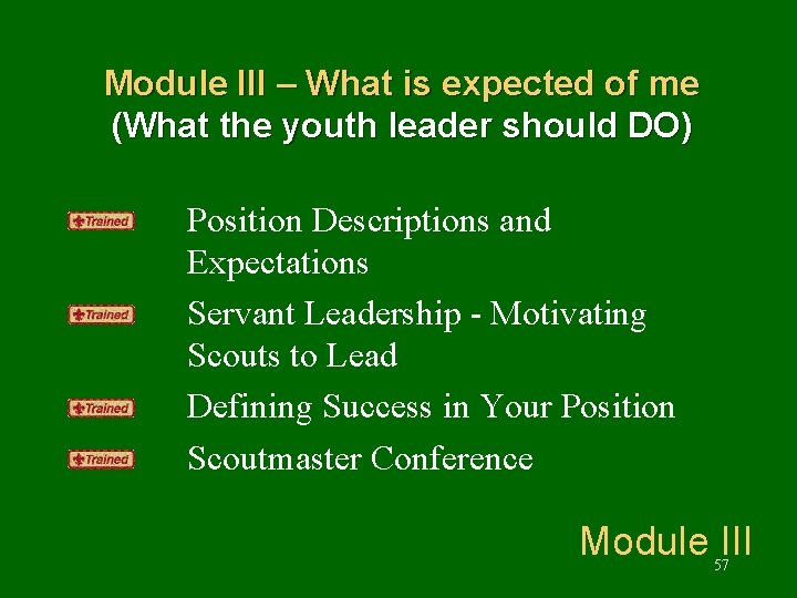 Module III – What is expected of me (What the youth leader should DO)