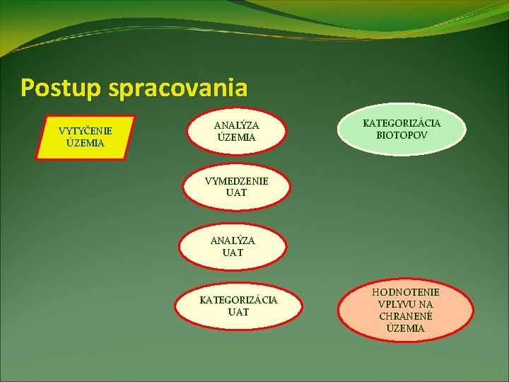 Postup spracovania VYTYČENIE ÚZEMIA ANALÝZA ÚZEMIA KATEGORIZÁCIA BIOTOPOV VYMEDZENIE UAT ANALÝZA UAT KATEGORIZÁCIA UAT