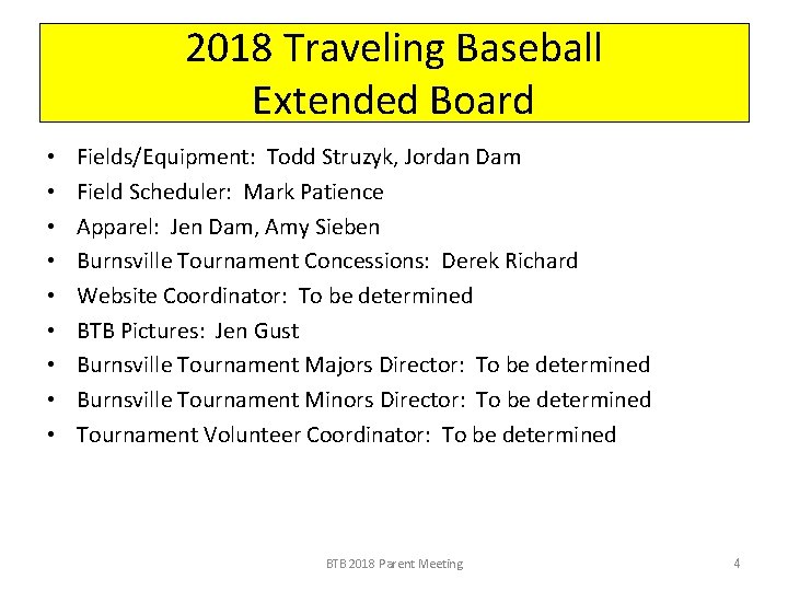 2018 Traveling Baseball Extended Board • • • Fields/Equipment: Todd Struzyk, Jordan Dam Field