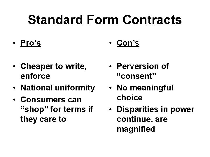 Standard Form Contracts • Pro’s • Con’s • Cheaper to write, enforce • National