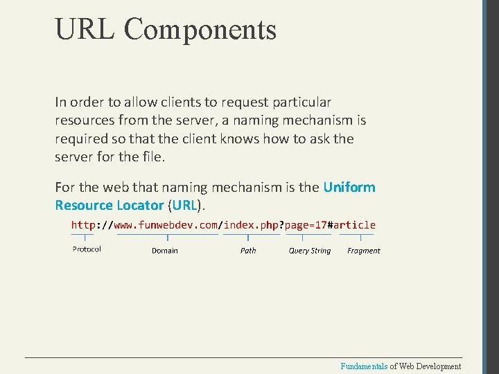 URL Components In order to allow clients to request particular resources from the server,