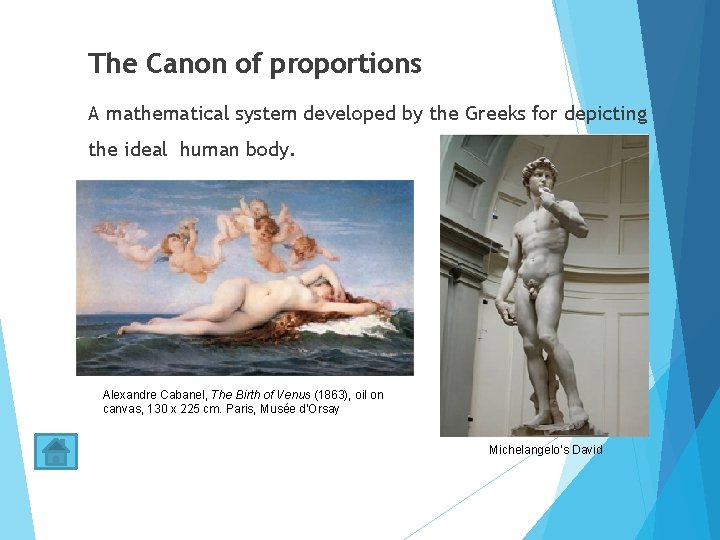 The Canon of proportions A mathematical system developed by the Greeks for depicting the
