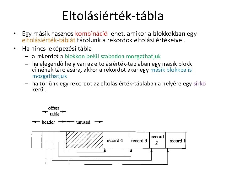 Eltolásiérték-tábla • Egy másik hasznos kombináció lehet, amikor a blokkokban egy eltolásiérték-táblát tárolunk a