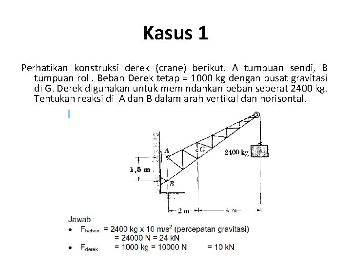 Kasus 1 Perhatikan konstruksi derek (crane) berikut. A tumpuan sendi, B tumpuan roll. Beban Kasus 1 Perhatikan konstruksi derek (crane) berikut. A tumpuan sendi, B tumpuan roll. Beban